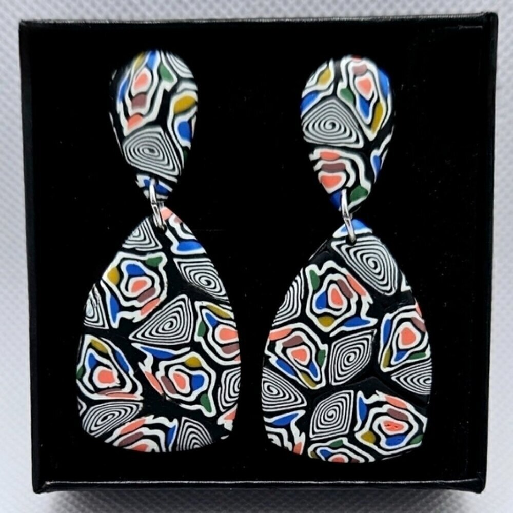 Abstract Polymer Clay Teardrop Dangle Earrings Boho Statement